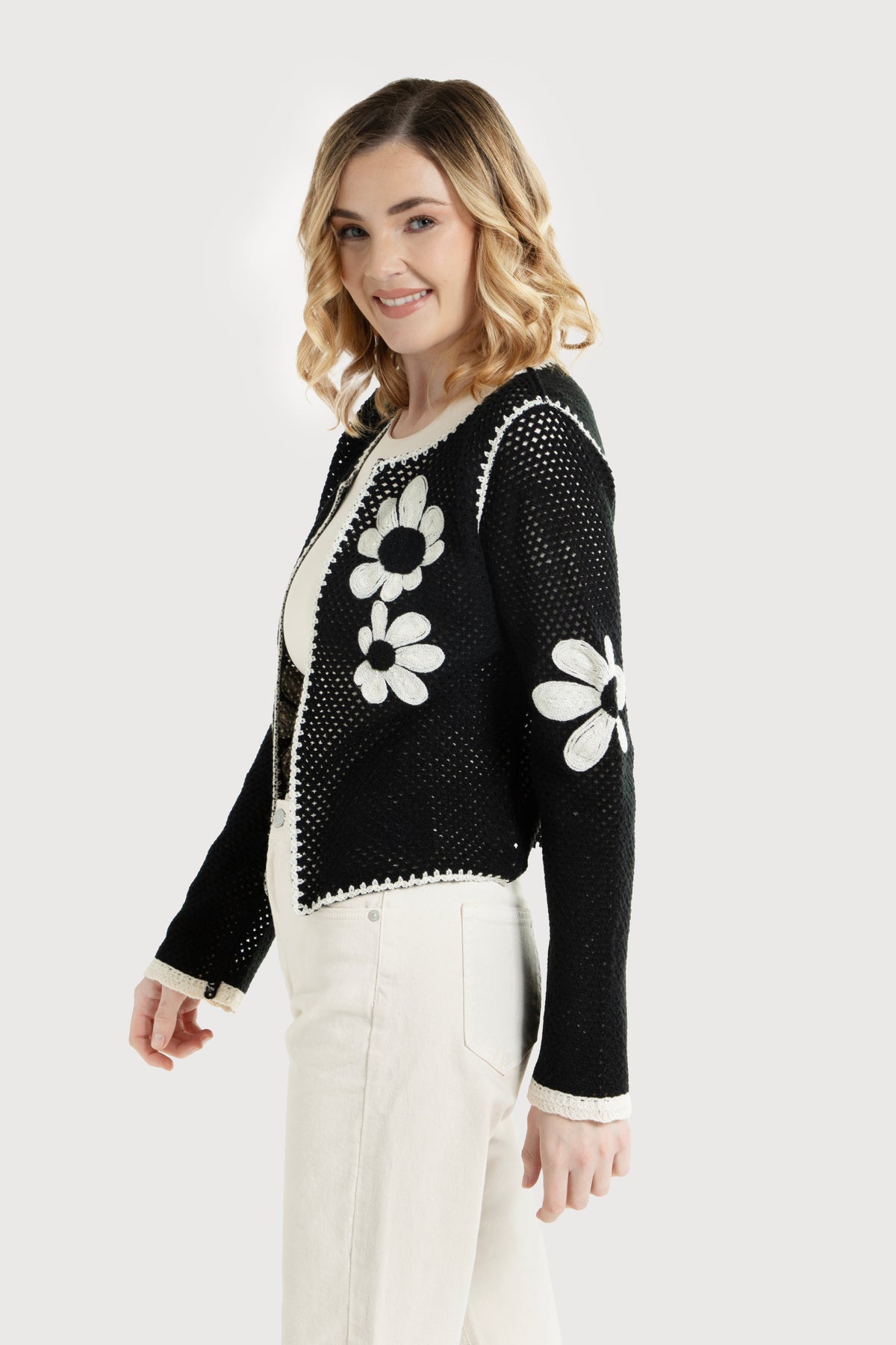Lightweight Floral Crochet Cardigan - Black