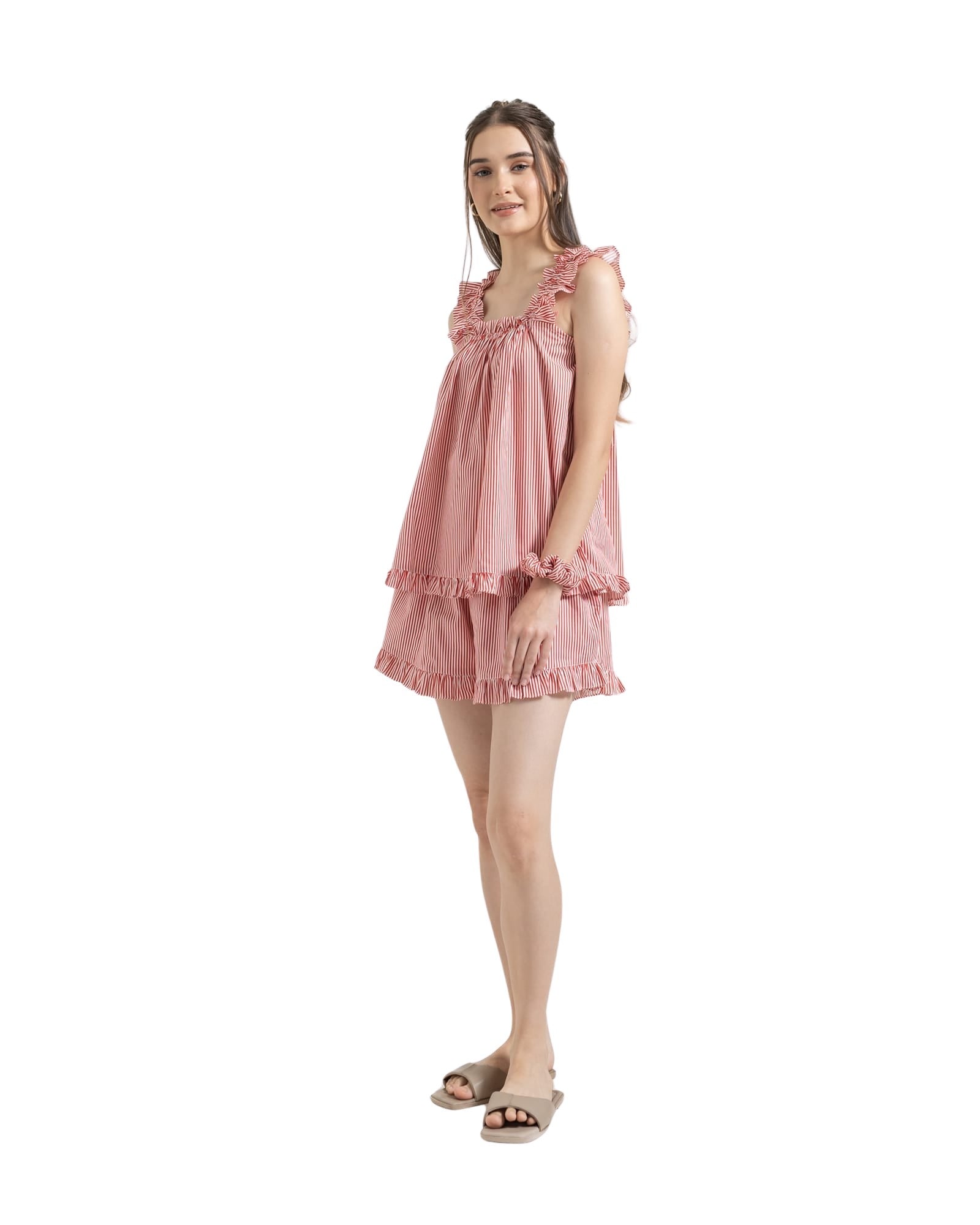 Stella Lounge Set Red — women's red and white stripe cotton frill camisole and shorts set