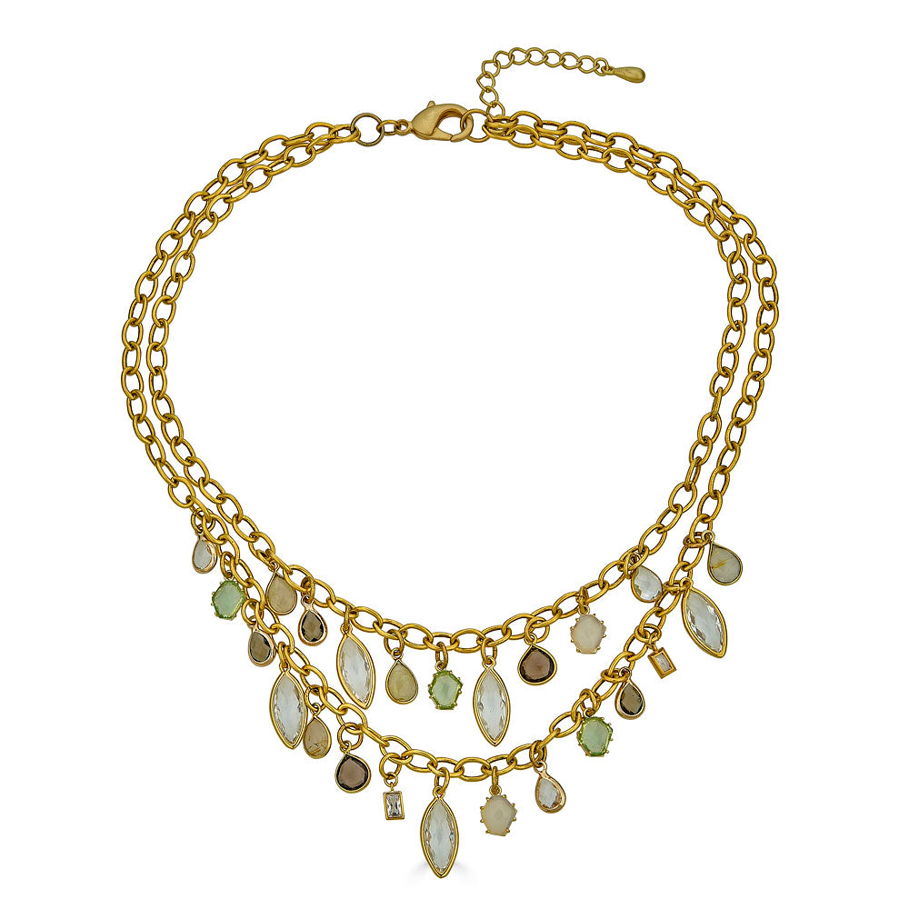Double-strand Layered Gemstone Charm Necklace with faceted gemstone drops in gold, handcrafted by Loni Paul Jewelry.