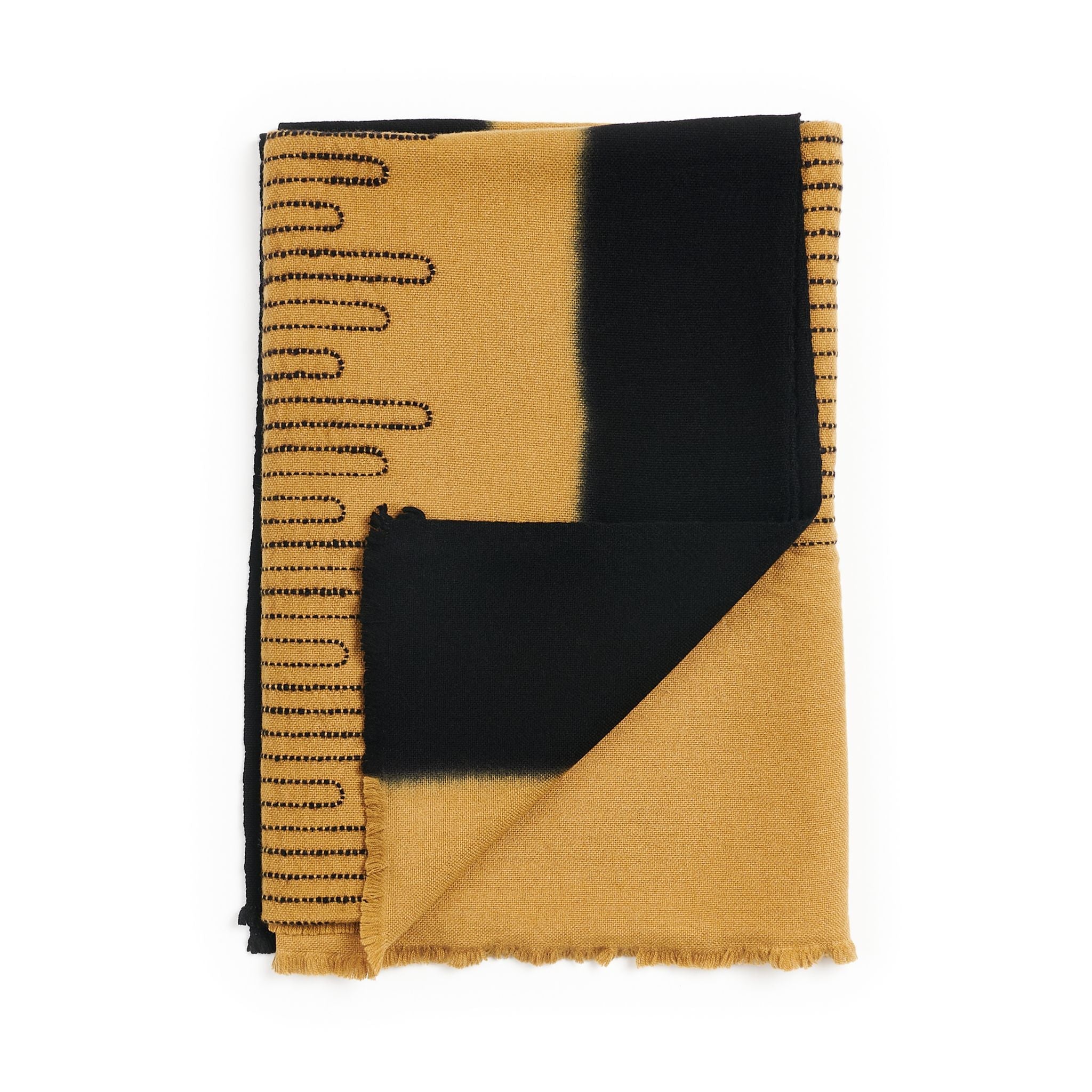 Handwoven Topaz Brown Myrtle Drift Merino Throw featuring artistic pattern and contrasting borders.