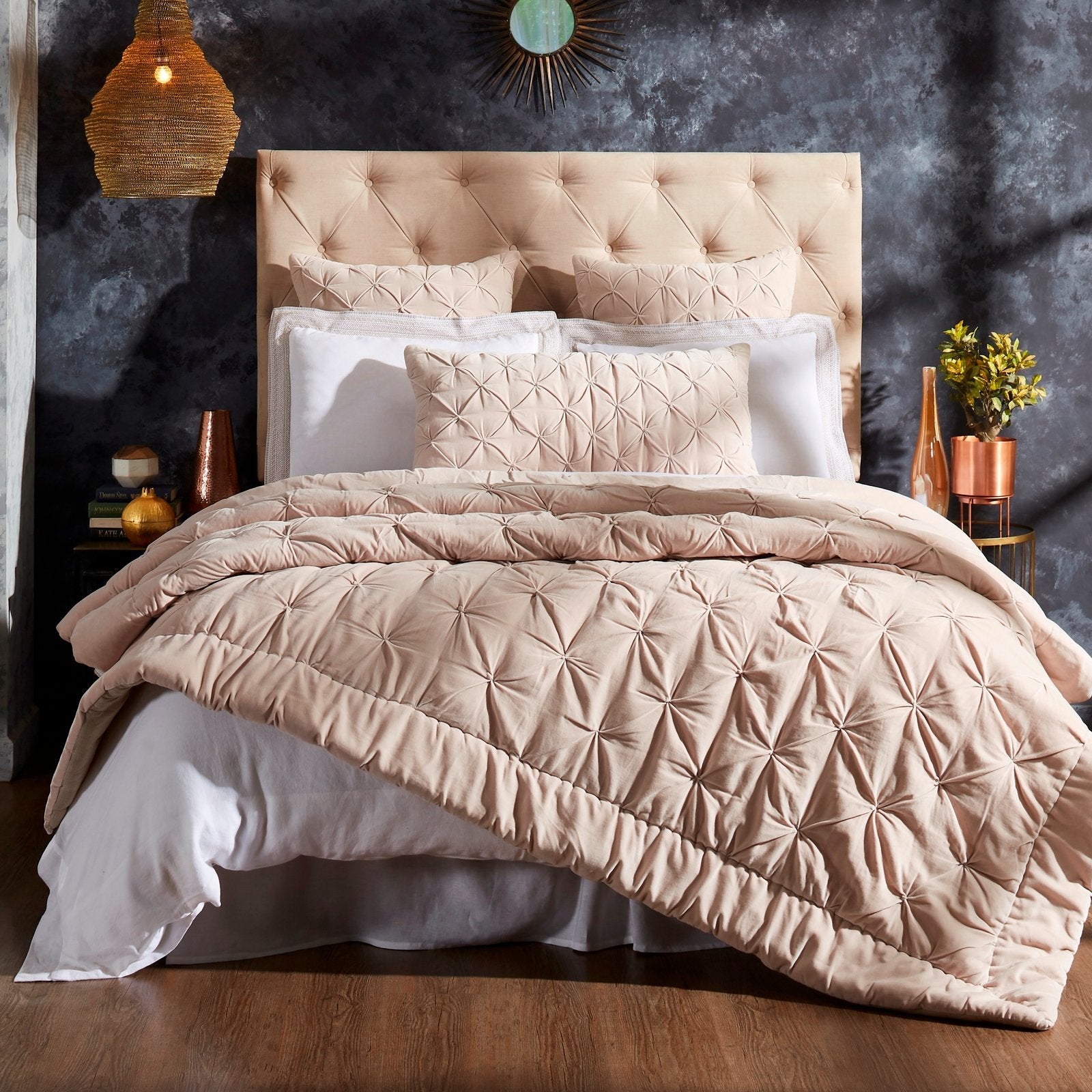 QT-325-11096_1|Elegant beige pleated velvet quilt on a queen bed, offering sophisticated texture and luxurious comfort to modern bedrooms.