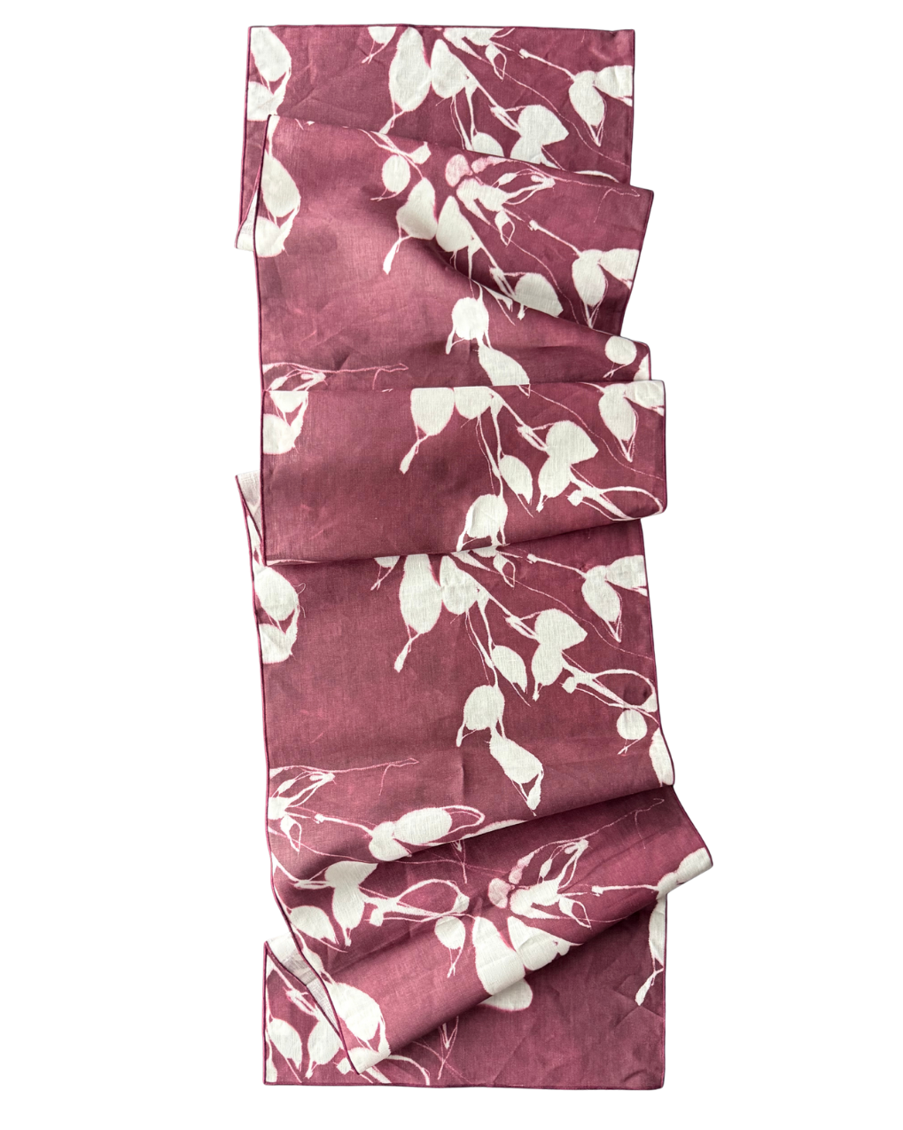 Porto Print Aubergine linen table runner styled as jewel-toned dining table centerpiece - Goldie Home