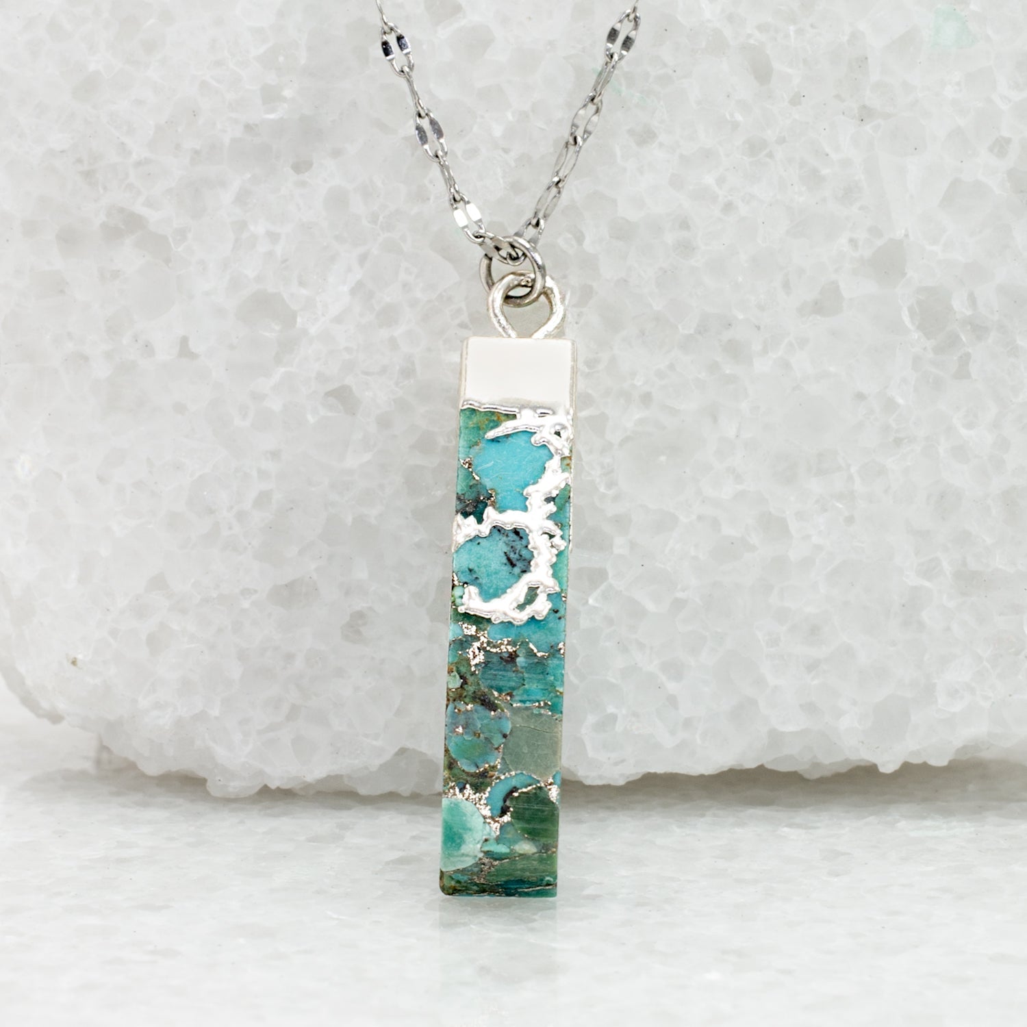 Blue and gold pendant necklace, turquoise stone wrapped in silver with adjustable silver chain, women's jewelry like pandora, fair trade jewelry organization, Mother's day gift idea