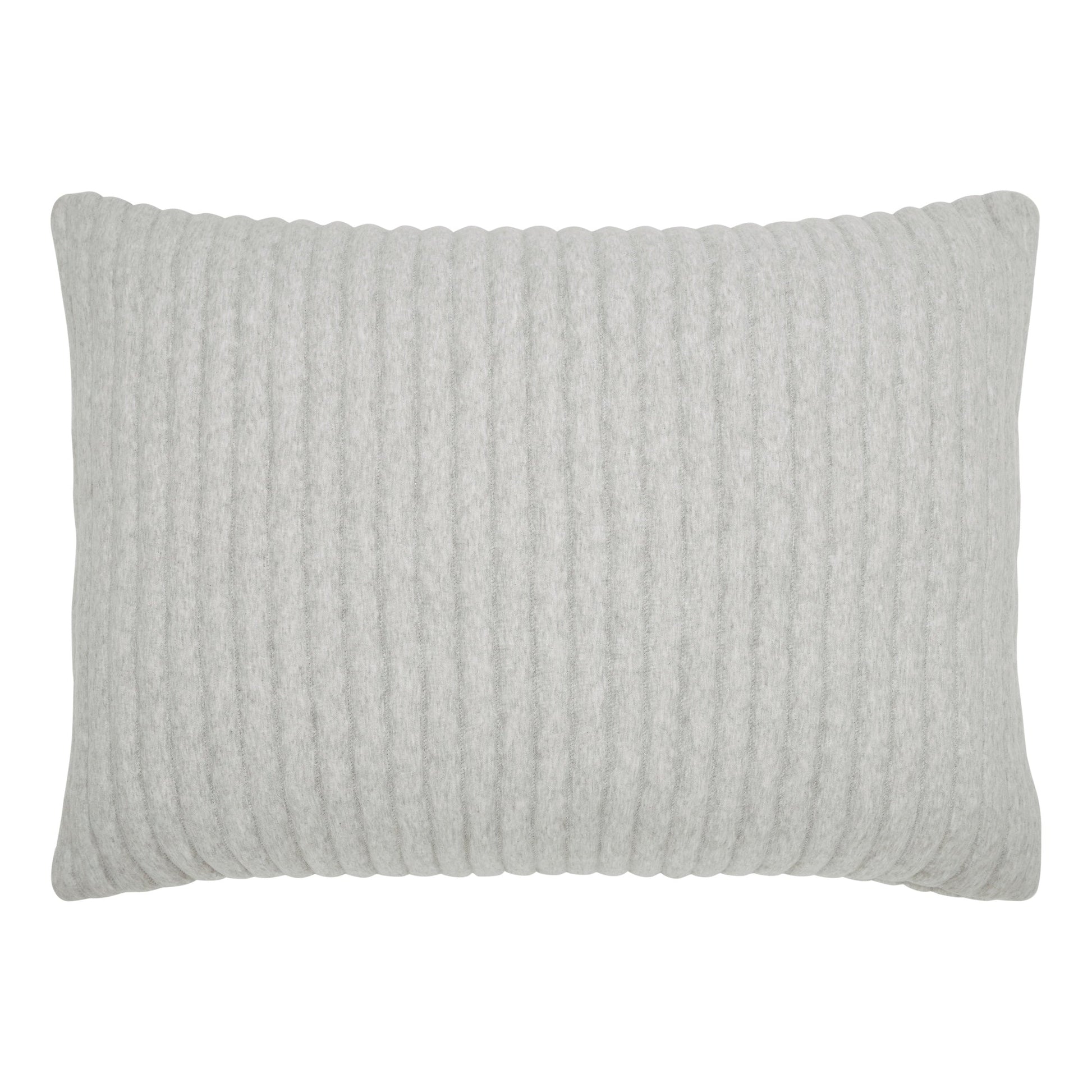 SS-375-2026_1|Light grey knitted quilted pillow with soft vertical ribbed texture, perfect for a modern, inviting bedroom. (112 chars)