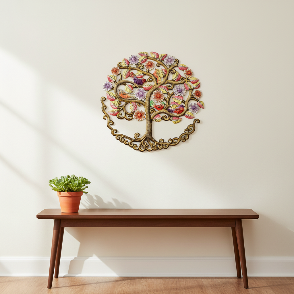 Painted Admiring Tree colorful Haitian metal art wall decor in modern living room - RND05122