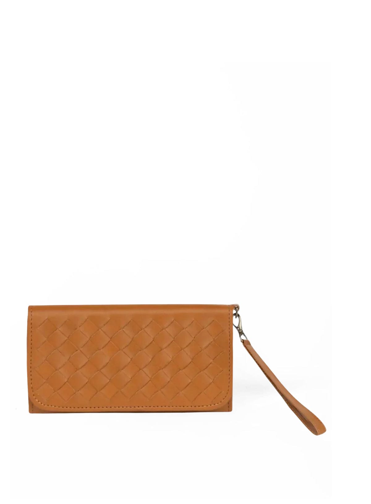 woven wristlet wallet from ethically crafted accessories in multiple colors held by model showcasing front view.