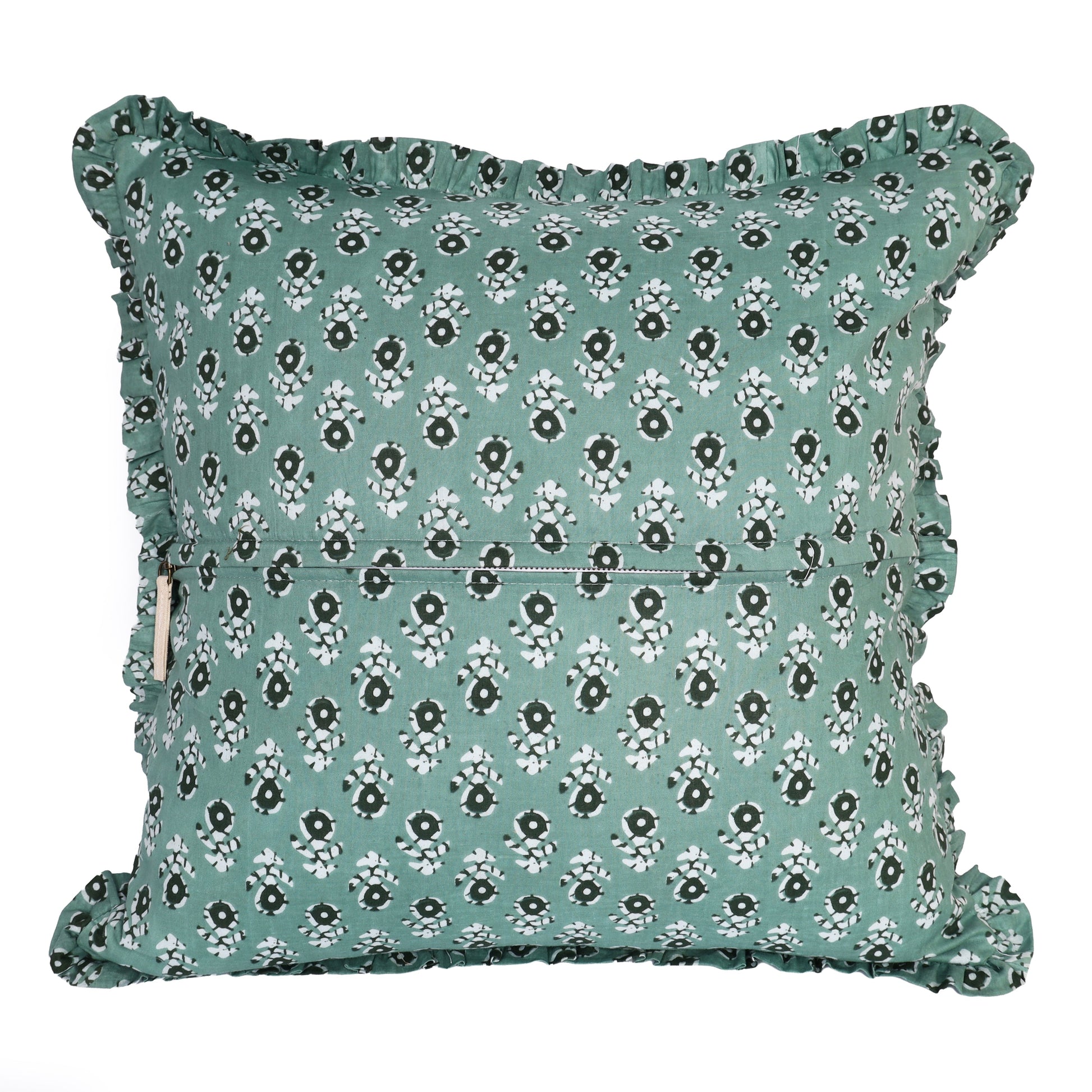 Floral hand-block print detail on teal pillow cover