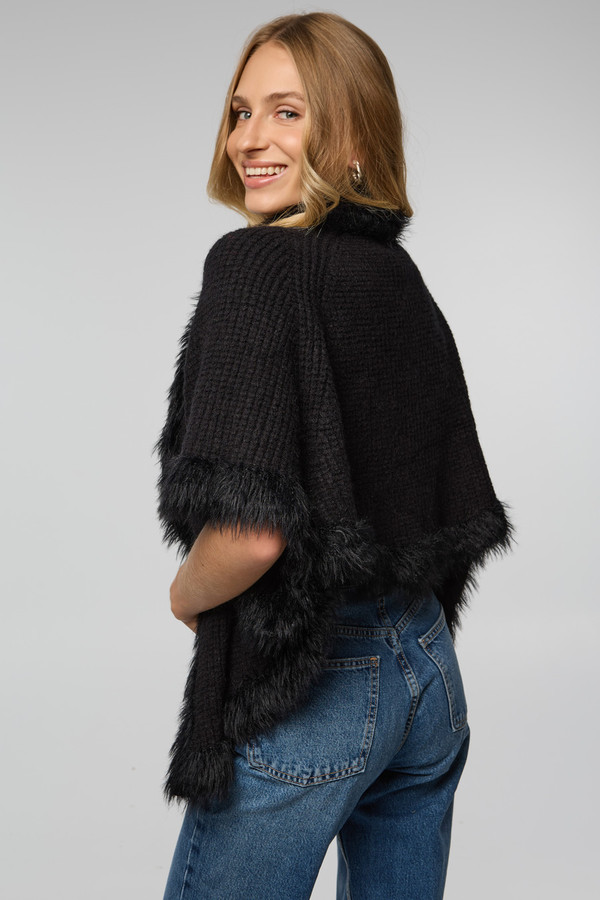 FUR TRIM KNIT OPEN CARDIGAN - Black