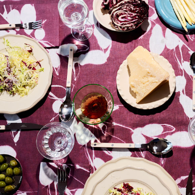 Porto Print Aubergine linen tablecloth with hand-painted cascading floral pattern in rich aubergine tones - Goldie Home