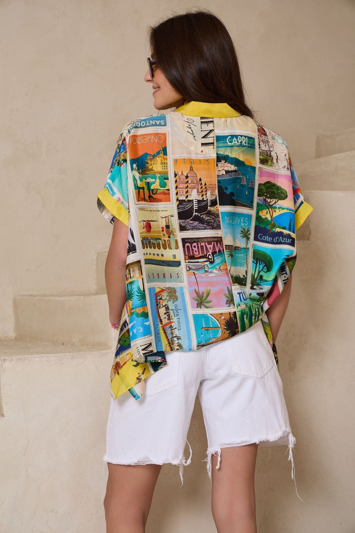 Vintage Postcard Button Shirt - MULTI
