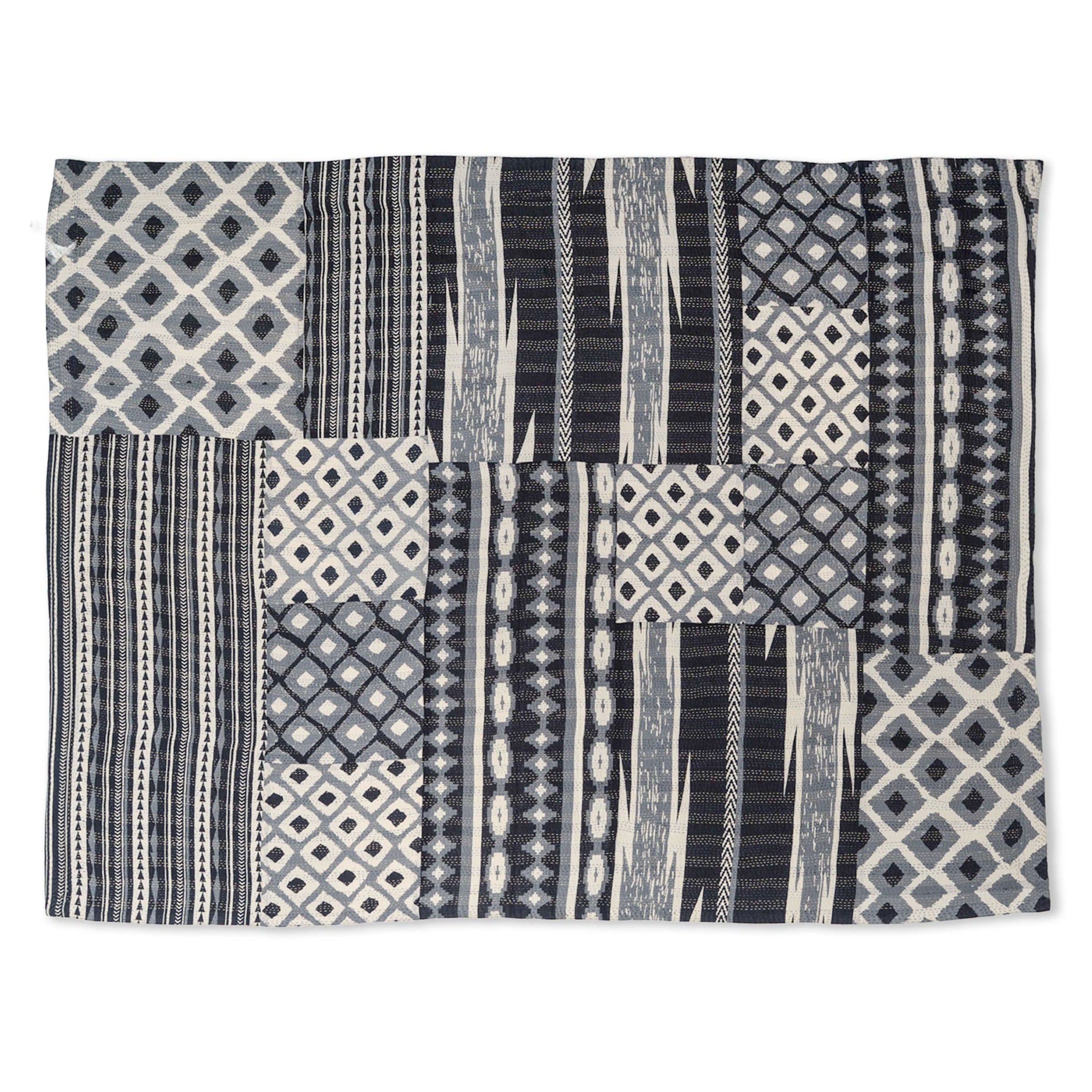 Monotone Ikat  Vintage Kantha Throw - Monotone Black