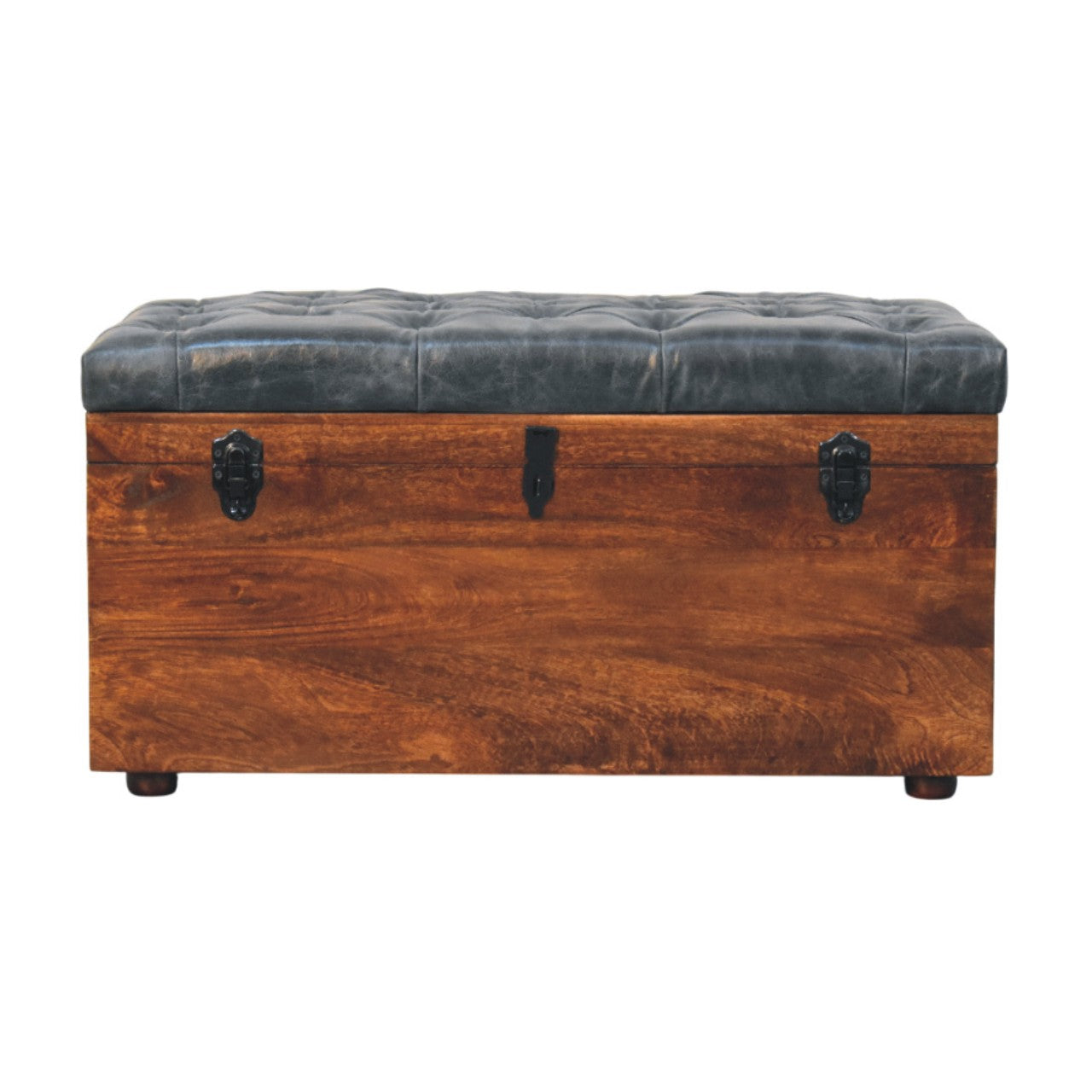 Solid Wood Black Buffalo Hide Leather Upholstered Storage Trunk