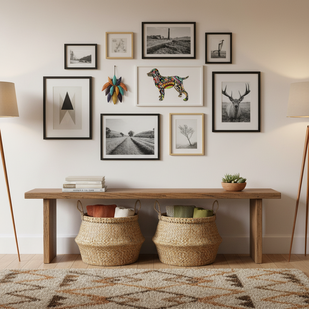 Vivid Dog painted metal art as gallery wall focal point in modern eclectic living room - SM05422