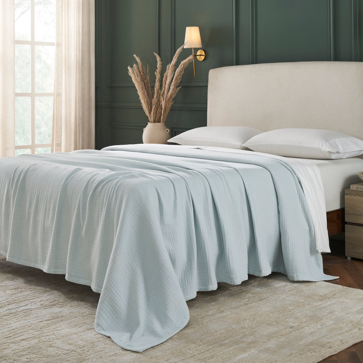 BL-863-11096_2|Luxurious light blue textured muslin blanket providing full bed coverage on a comfortable modern bedroom bed.