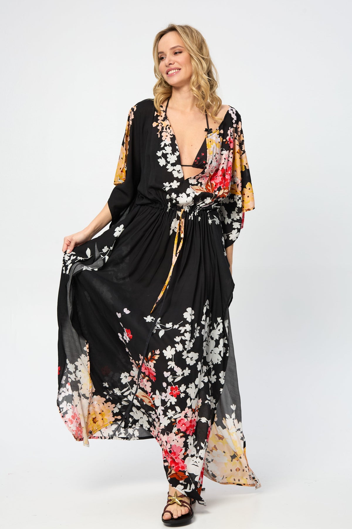 Multicolored Fiore Tie Waist Keyhole Kaftan - Black Combo
