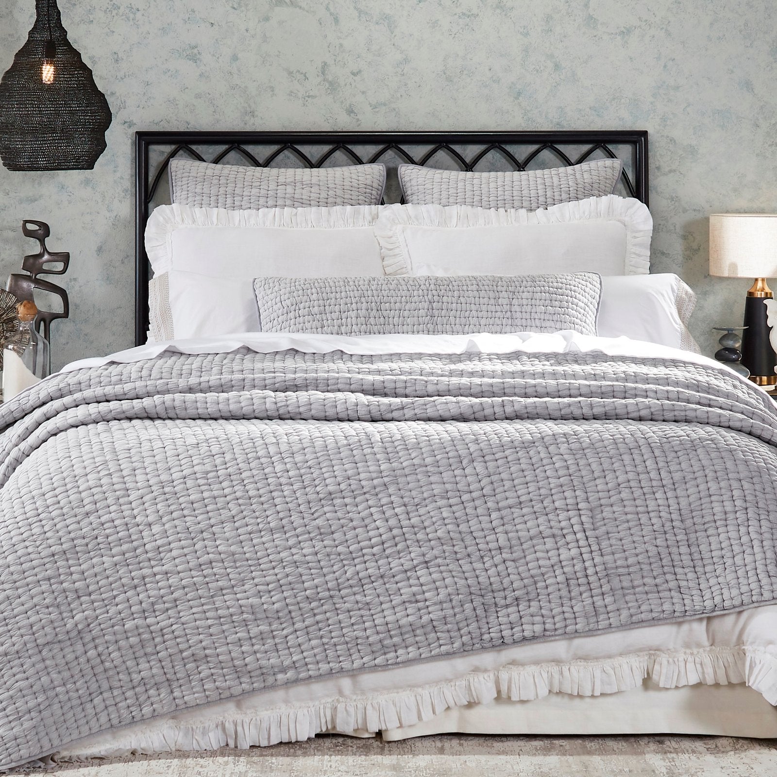 QT-344-9496_1|Modern light grey textured quilted bedding ensemble. Soft, breathable fabric with a unique, cozy, inviting texture.