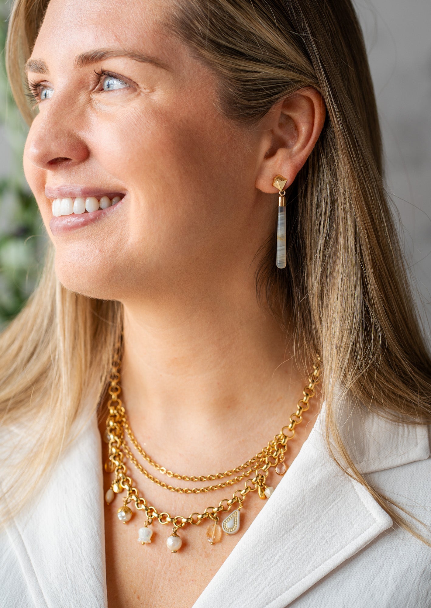 Earthtone Charm Necklace with gold chains and neutral gemstone drops