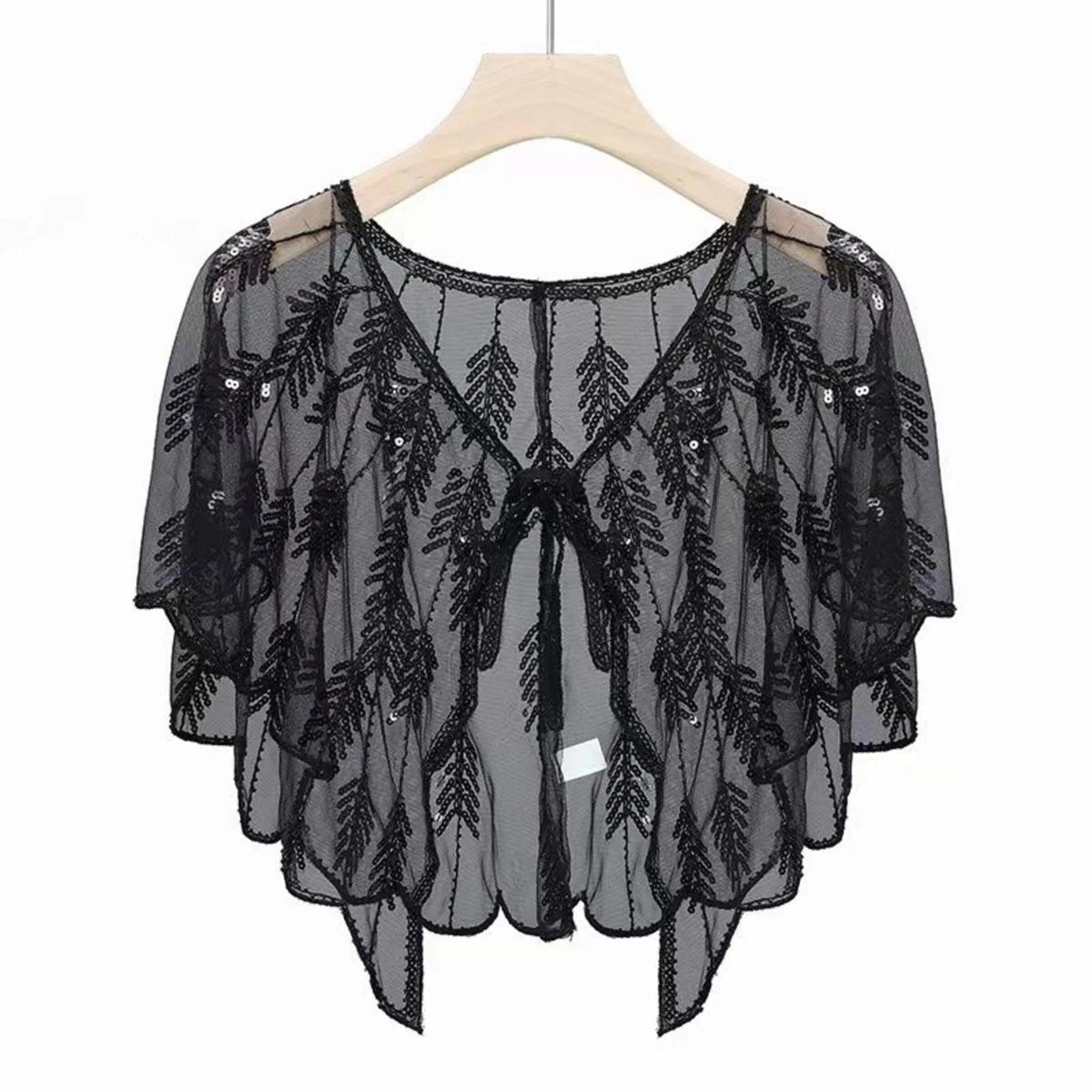 Sequin Detail Scallop Mesh Capelet Black