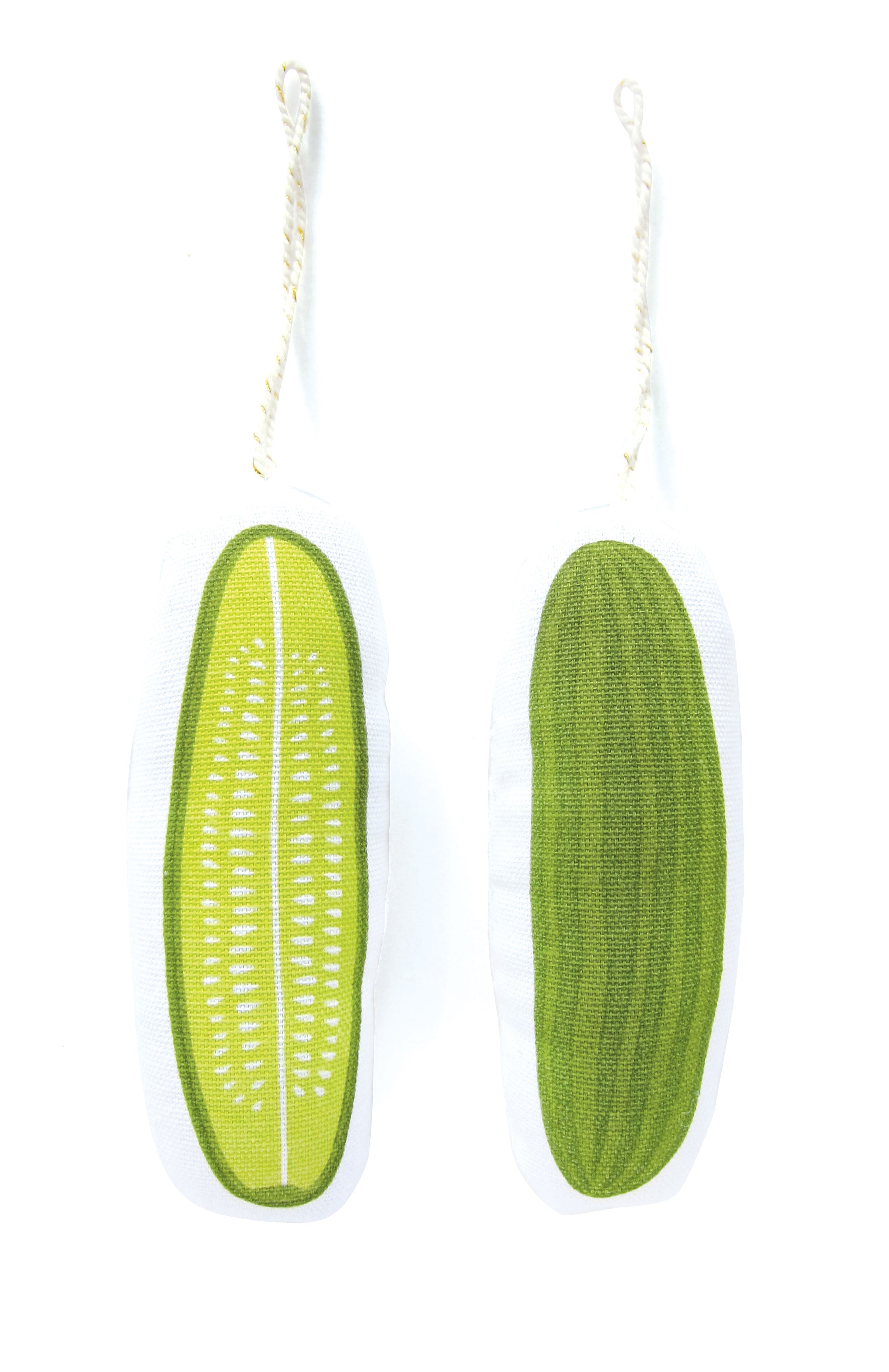 Soft ornament of a pickle; Side 1 with pickle inside, Side 2 with pickle outside