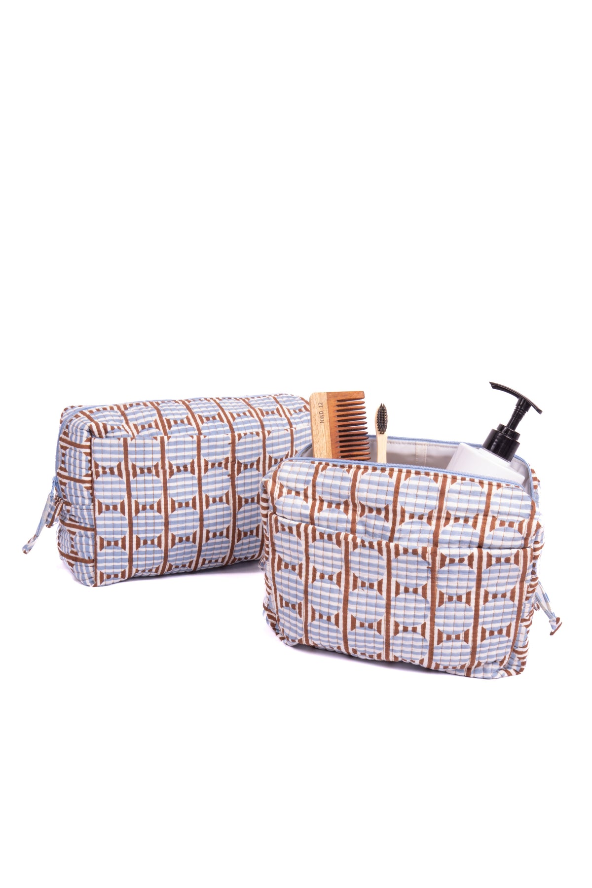 Brown and blue striped circle blockprint travel pouches with toiletries