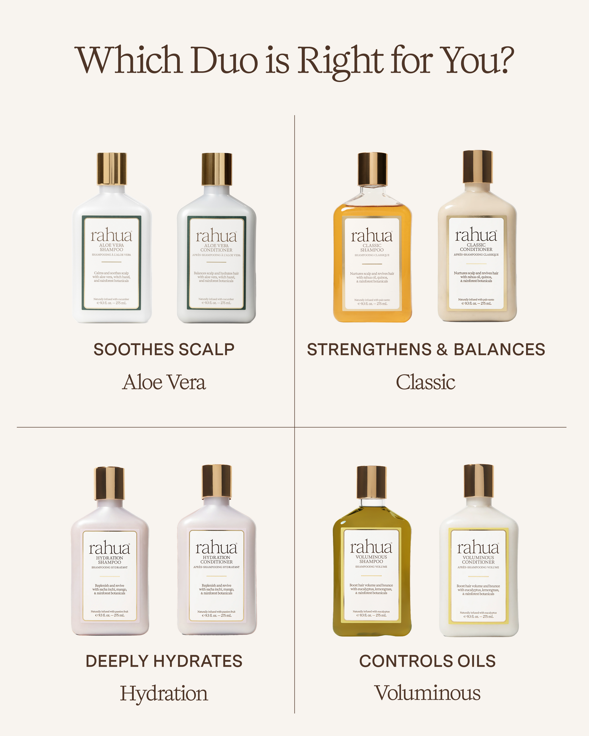 Rahua hair care product bottles with labels for different hair care needs on a white background.|variant:93-oz,18-oz
