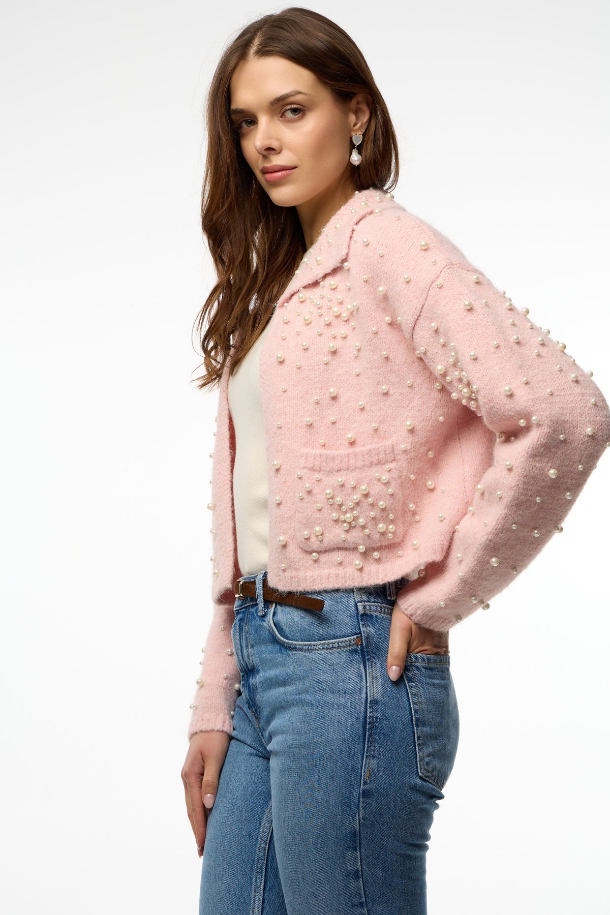 Pearl Collared Open Cardigan - Light Pink