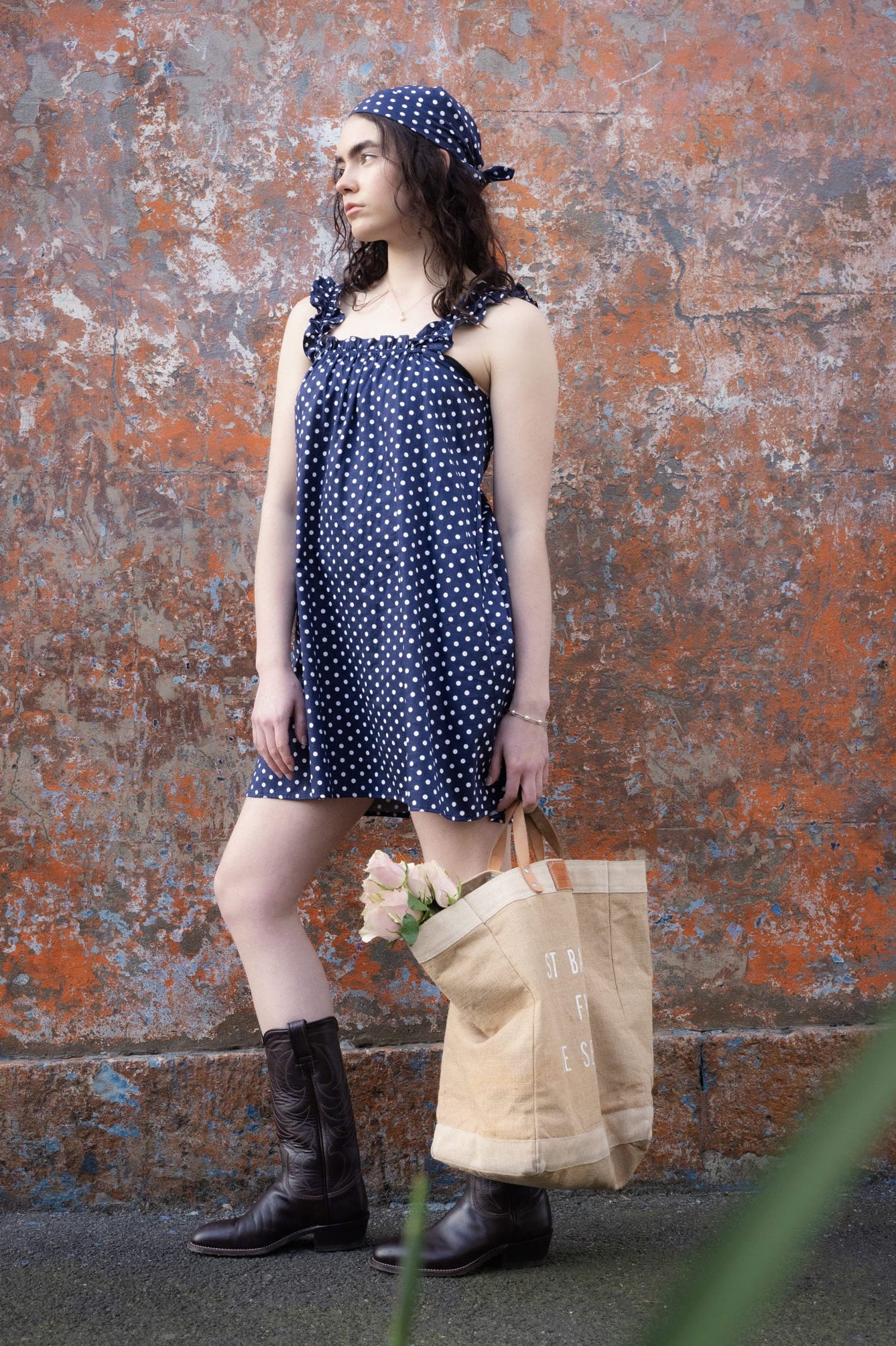 Mila Navy Dot — women's navy polka dot cotton mini dress with gathered neckline