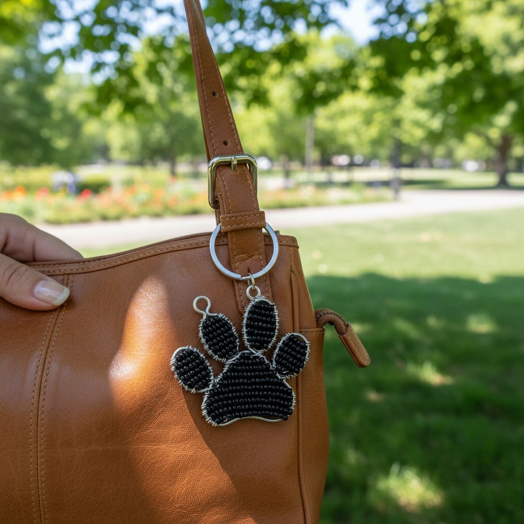 Pawprint keyring clipped to a bag outdoors in a park