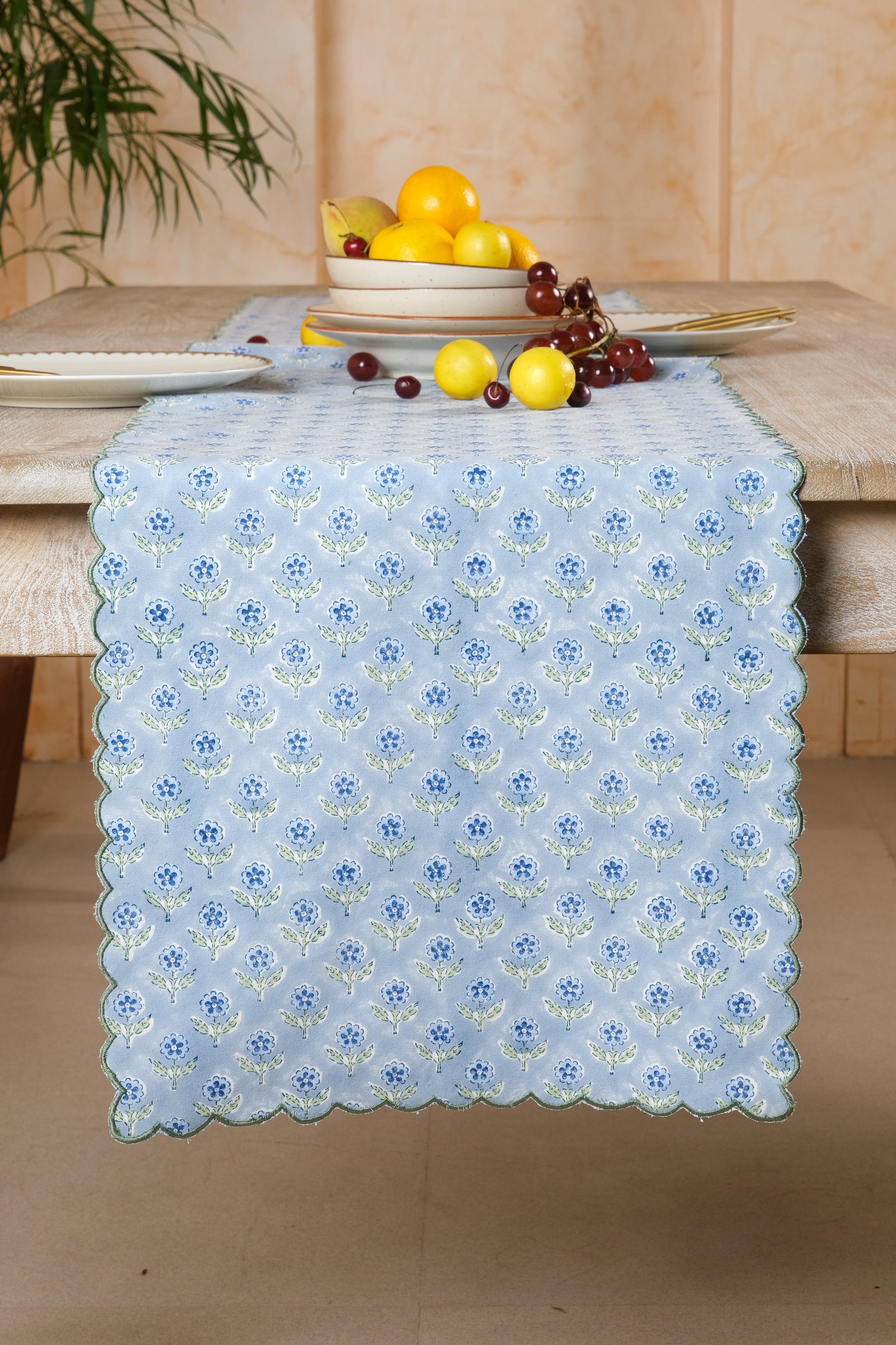 Inner Child blue scallop-edged embroidered blockprint tablerunner close-up