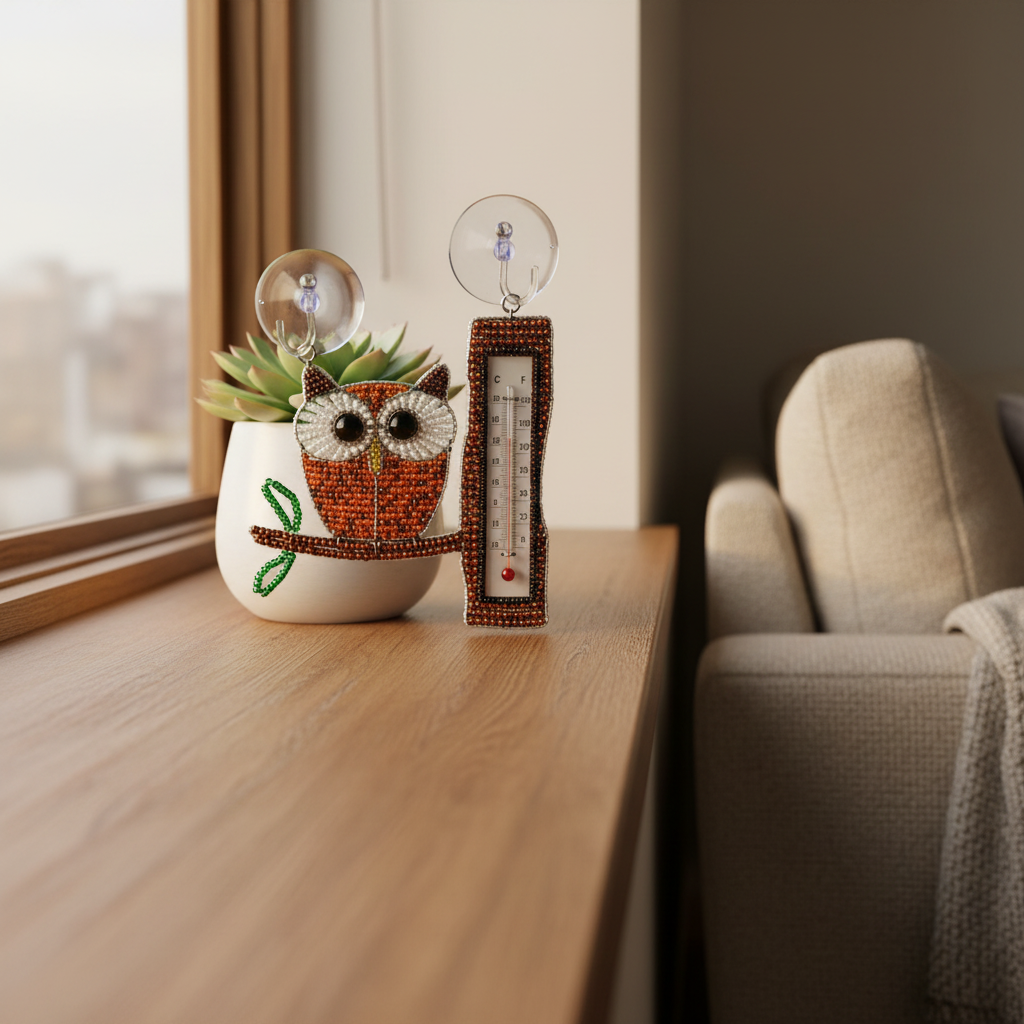 Thermometer Owl Set of 2 - windowsill gift setting home decor