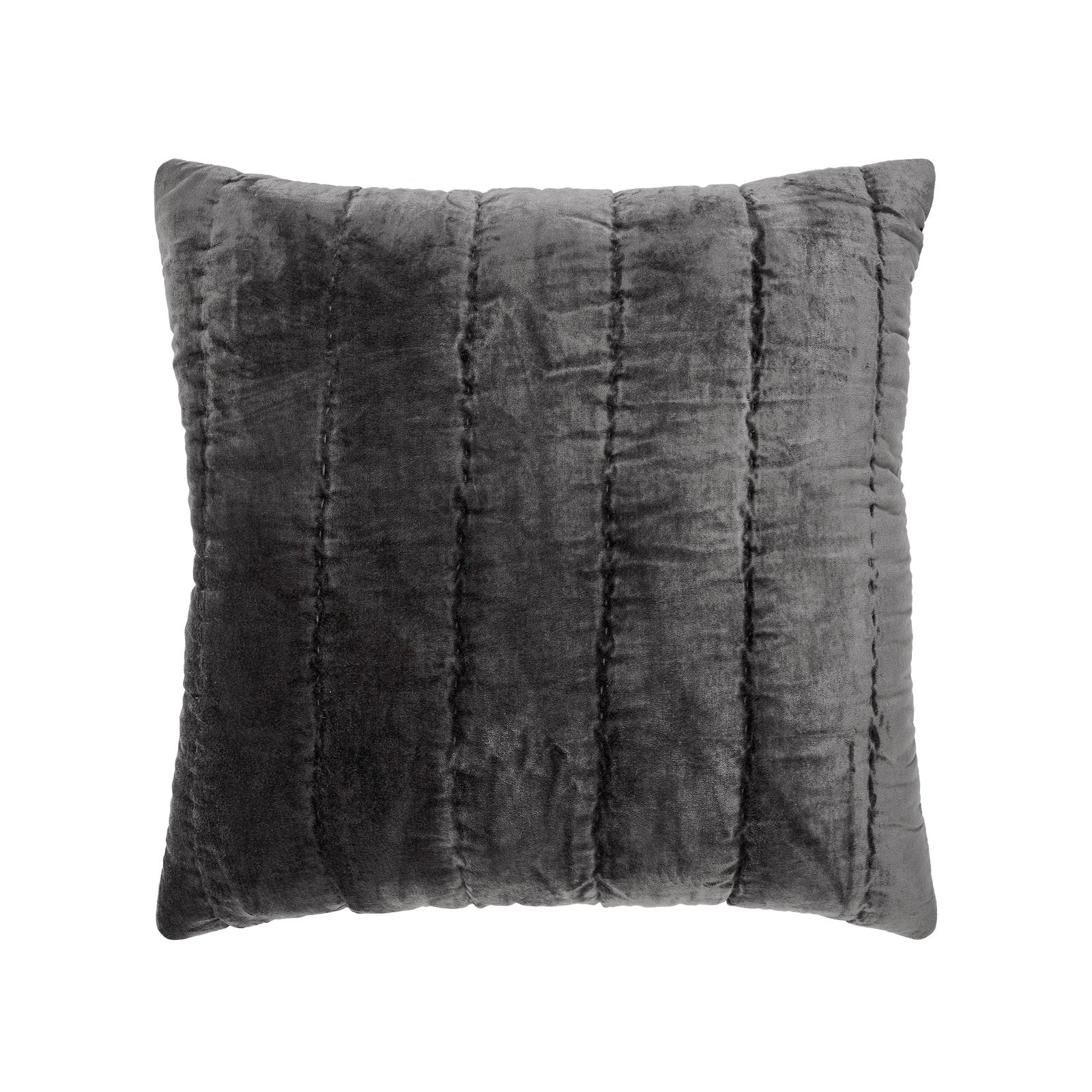 ES-338-2626-LOT1_1|Deep charcoal velvet quilted decorative throw pillow with elegant vertical channel stitching, offering a sophisticated look.