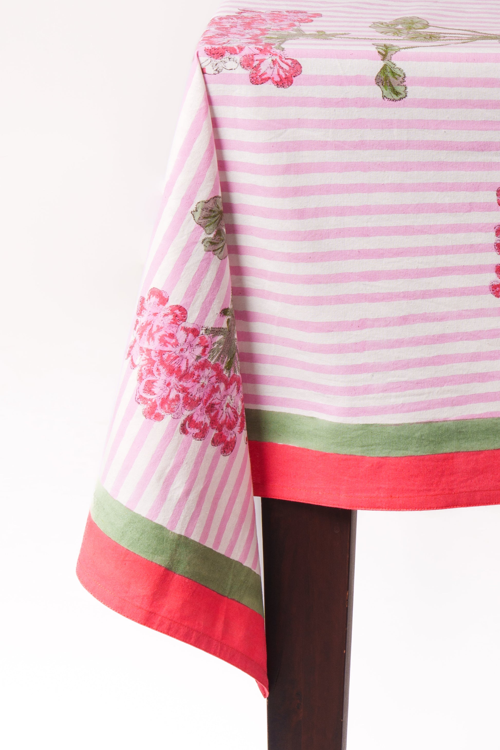 Pink striped hydrangea blockprint tablecloth edge with colorful borders