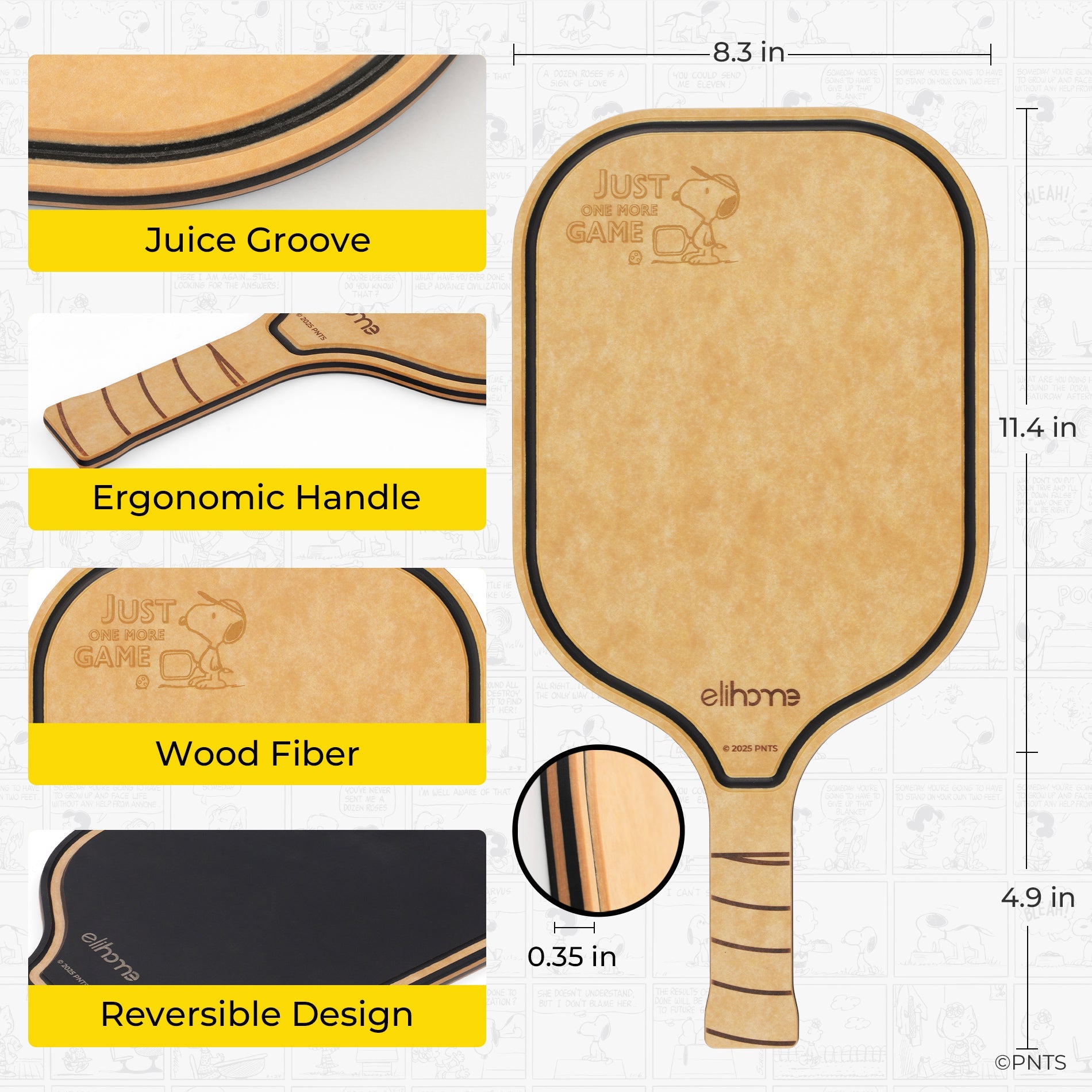 Pickleball paddle with features listed on a white background