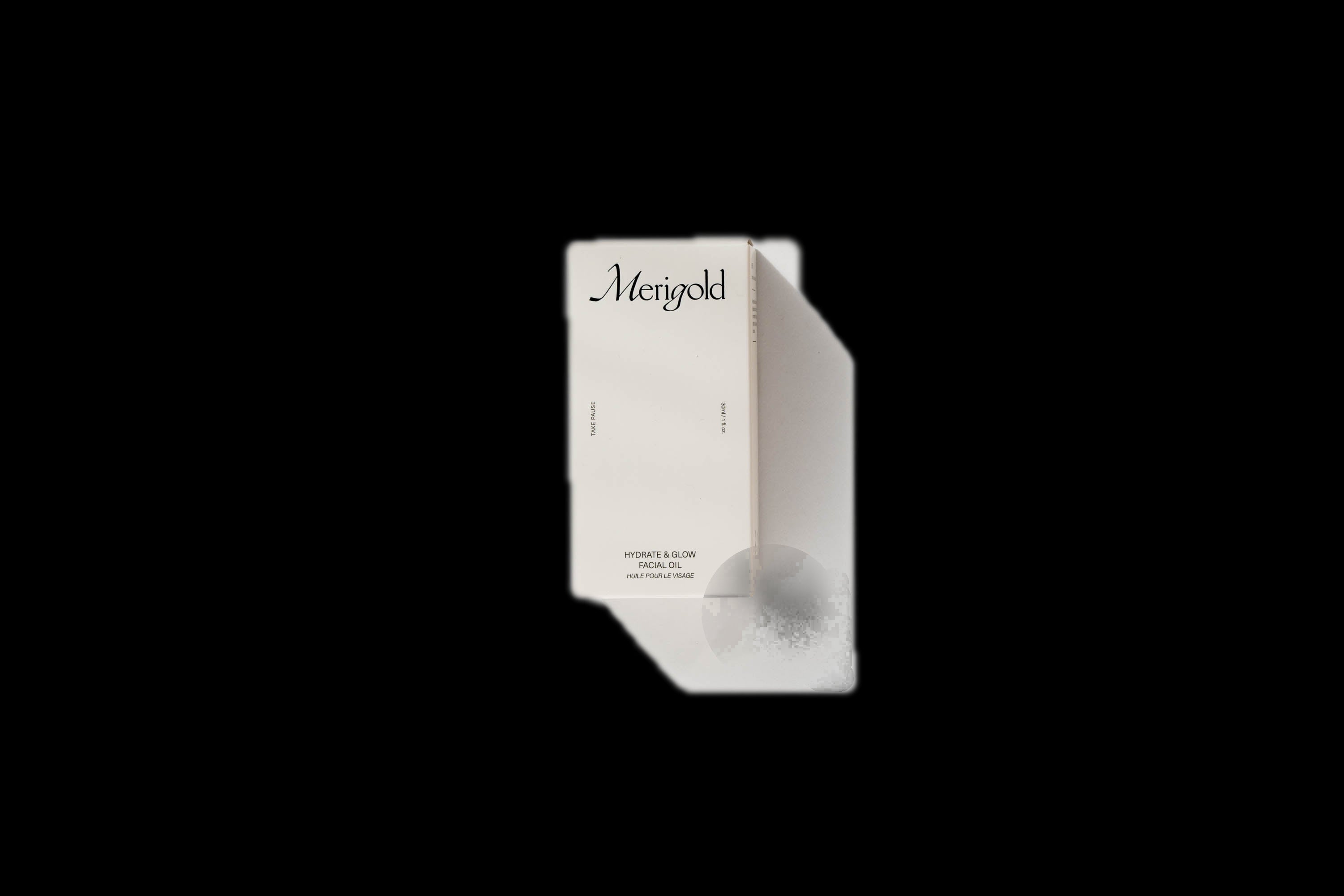 Merigold Hydrate & Glow Facial Oil minimalist cream packaging box on white background — luxury hydrating face oil for glowing skin