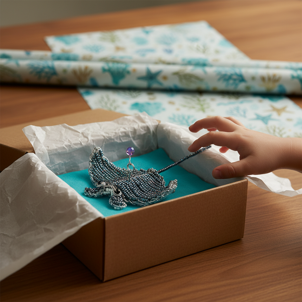 Handcrafted beaded manta ray figurine as a gift in an open gift box with tissue paper