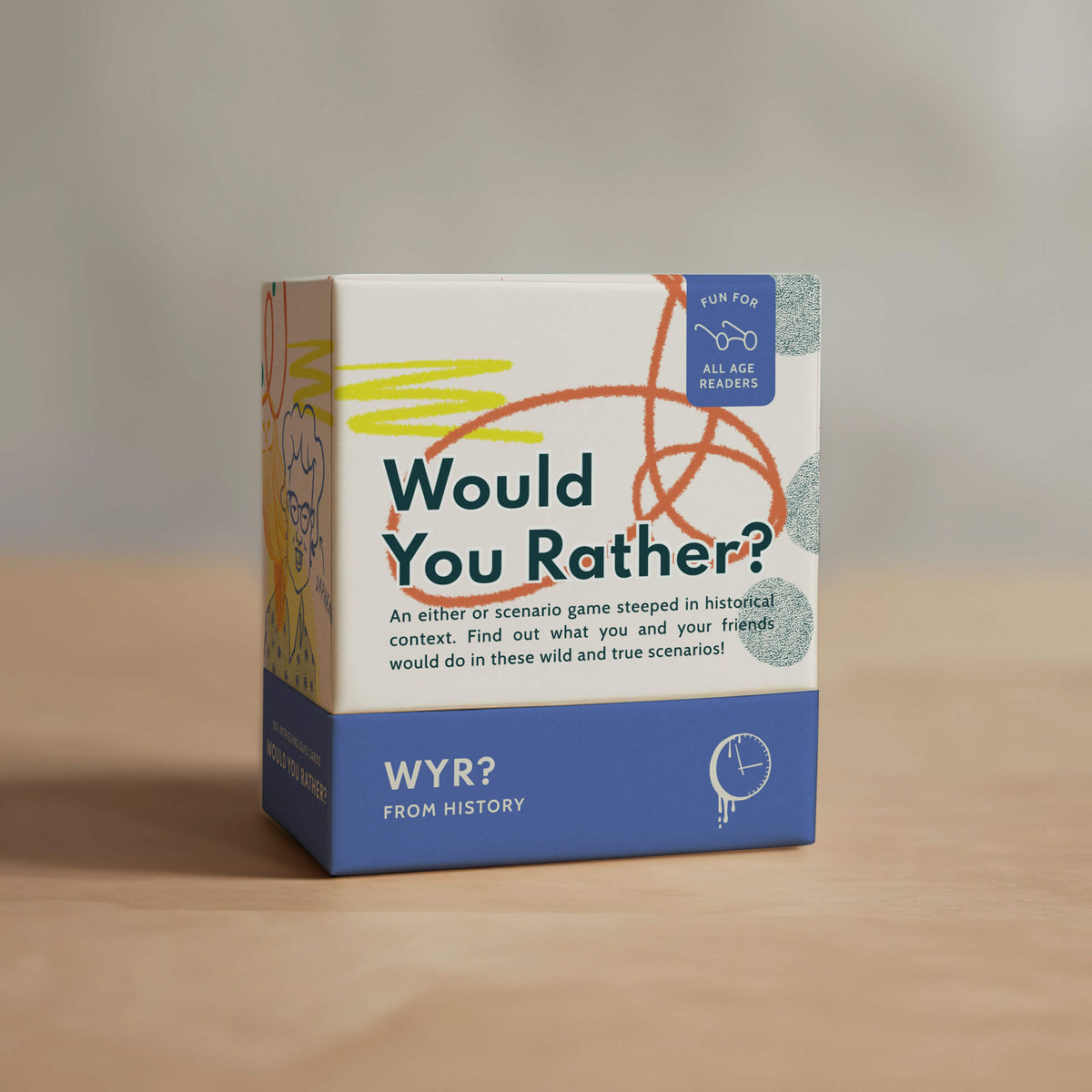 Board game box titled 'Would You Rather?' on a wooden surface with a neutral background
