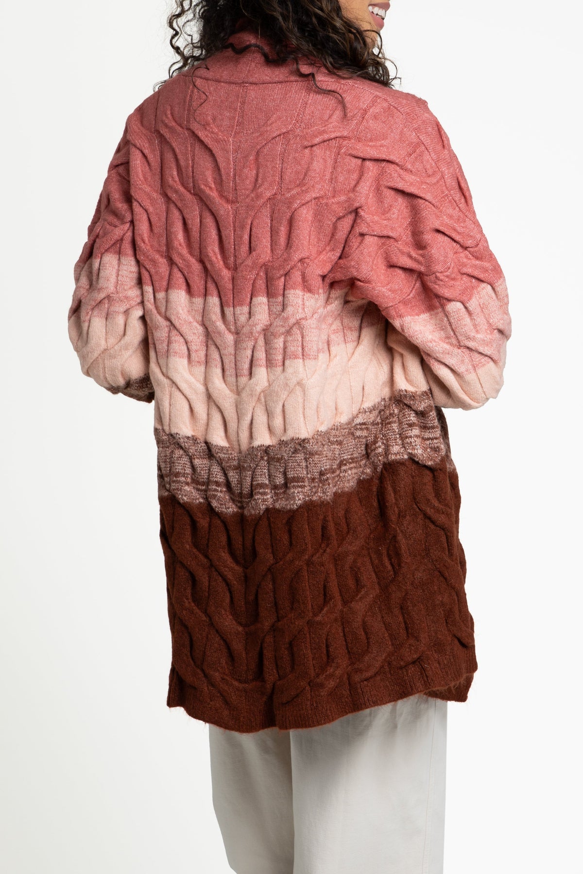 Cable Knit Color Block Cardigan - Dark Salmon