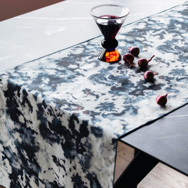 Grey Marble linen table runner 16x90 with swirling grey black and blue pattern - Goldie Home