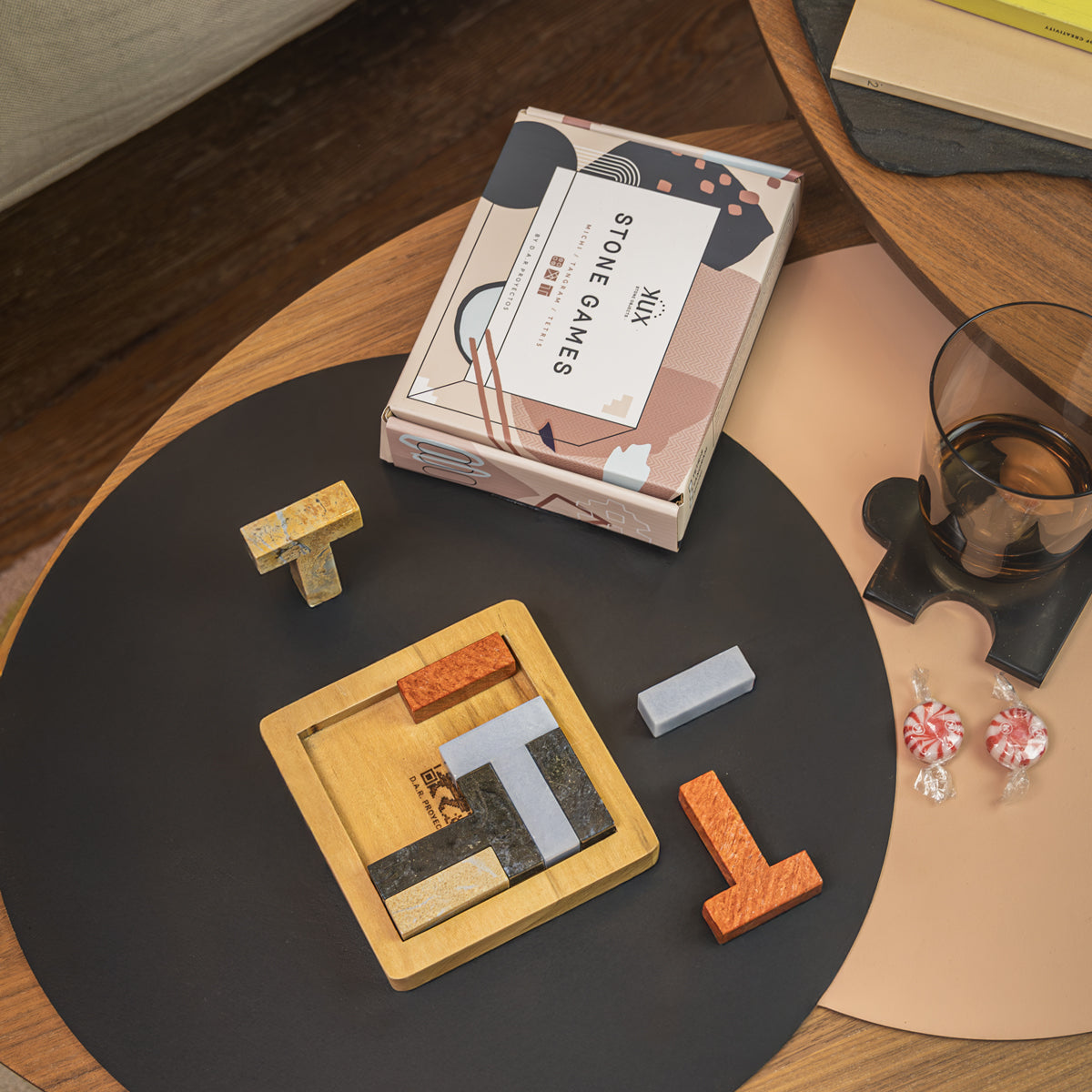 Natural stone 3D Tetris puzzle adding a playful yet luxurious element to a curated interior.
