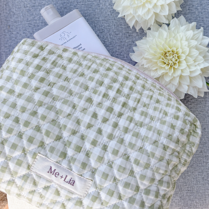Gingham Matcha Make-up Bag Large — green gingham cotton travel pouch with zip