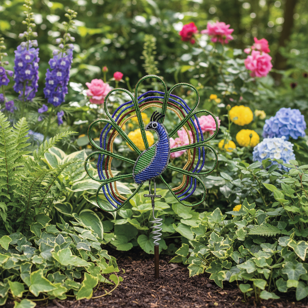 Beaded peacock garden stake set displayed in a lush garden bed with flowers – 12PEAST1