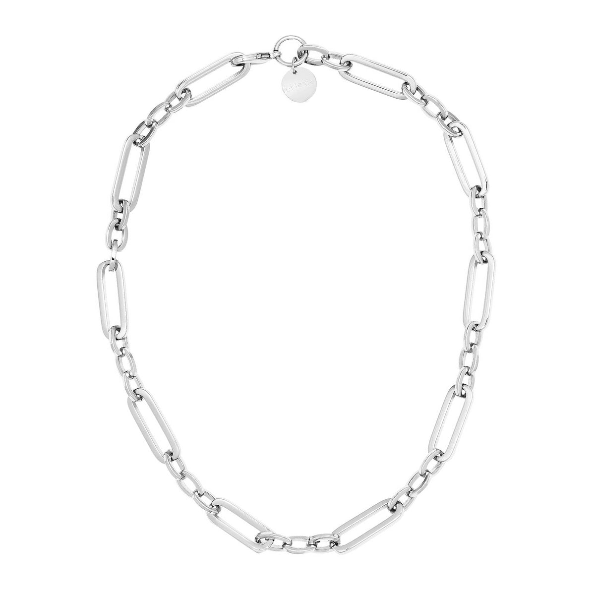 Silver chain link necklace called Dean Necklace on display
