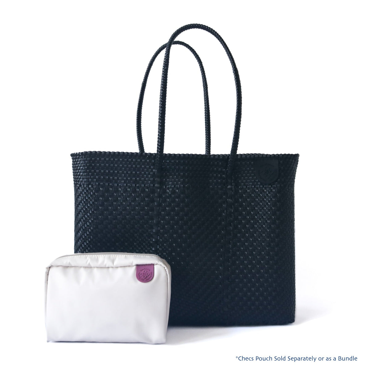 Tin Marin super tote in All Black Design & checs nylon pouch in beige, A black oversized tote bag with a shoulder strap.