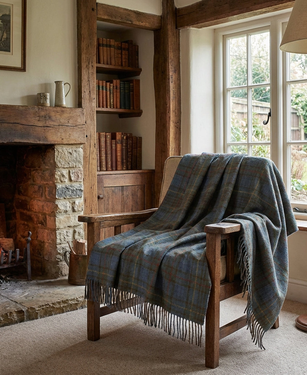 Antique Hunting Stewart tartan wool throw with fringe draped over a wooden armchair by a cozy stone fireplace.