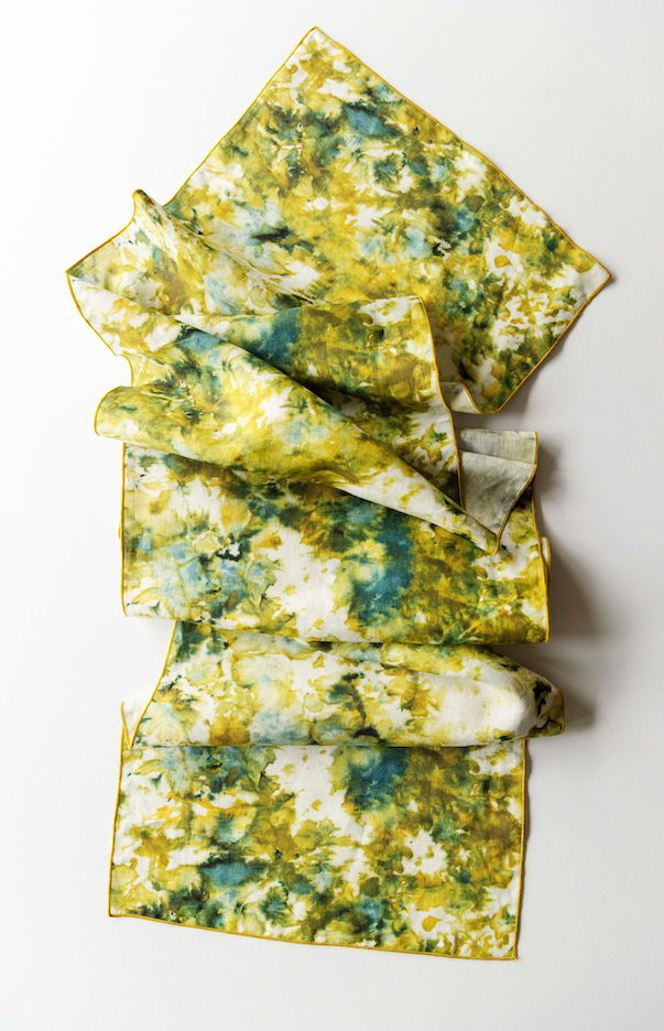 Green Marble linen table runner styled as dining table centerpiece - Goldie Home
