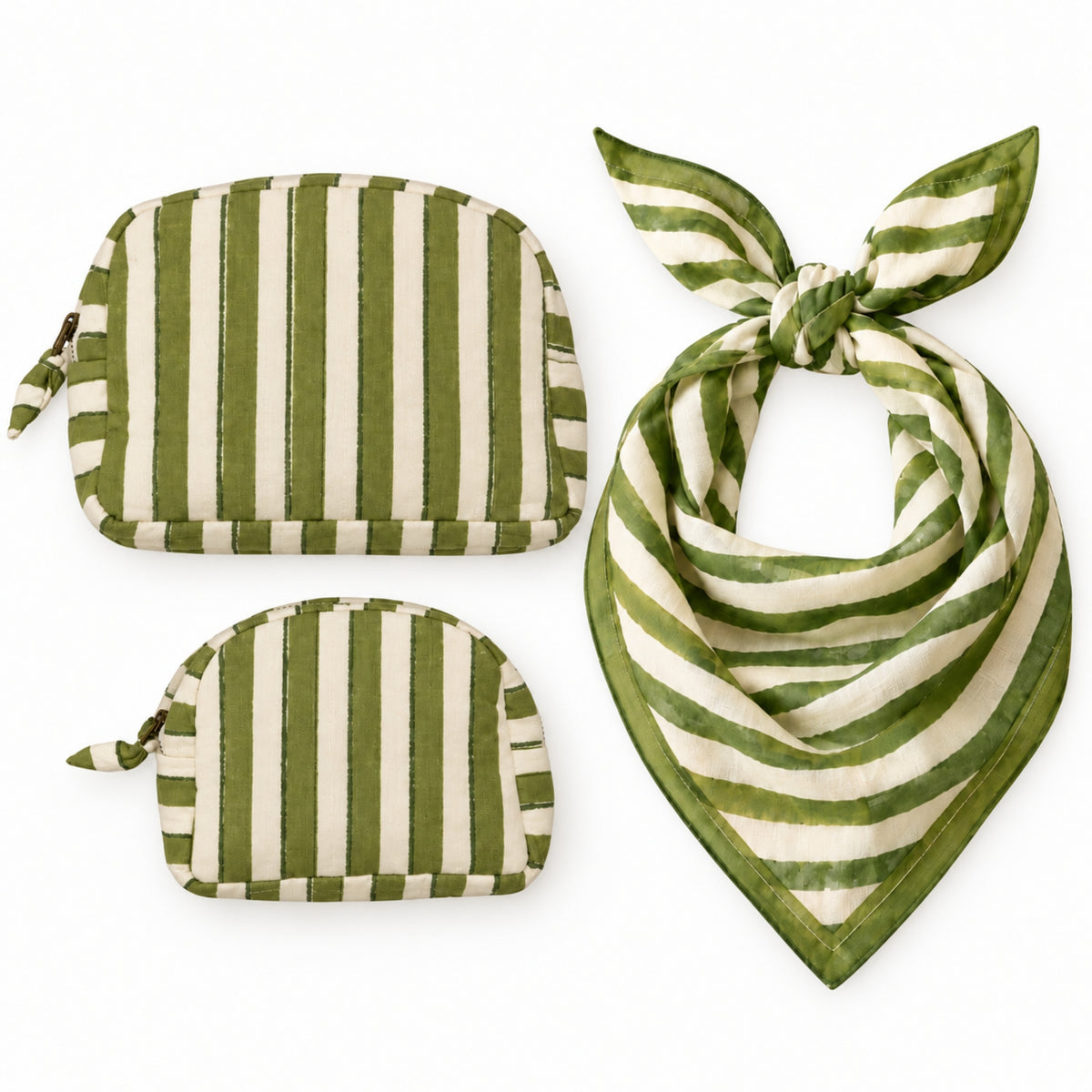 Basera & Baadal Cotton Scarf & Pouch Set – Olive Green Stripes