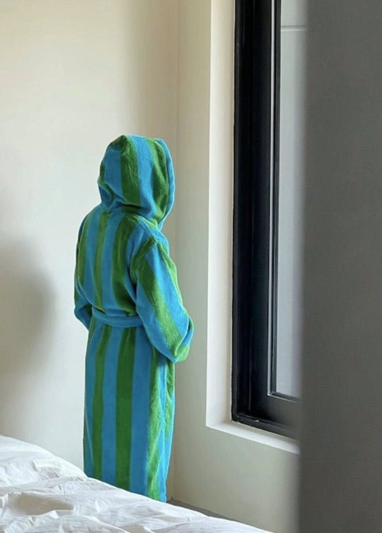 Ultra Soft Retro Whimsical Stripe Bath Robe - 100% Organic Long - stapled Cotton - Retro Whimsical Stripe Bath Robe - Blue & Green Stripe - INSPECIAL HOME