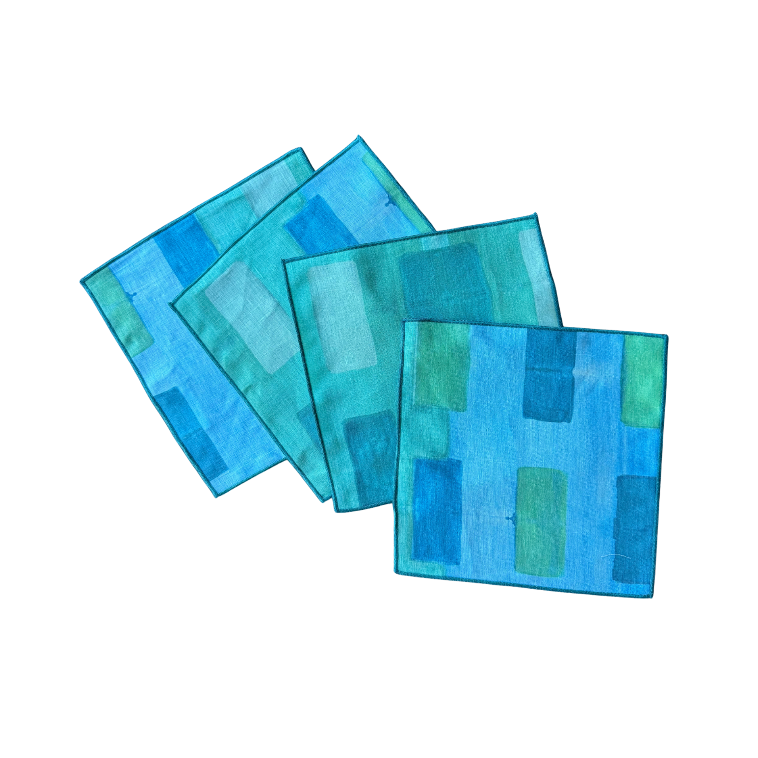 Blue Tapestry linen cocktail napkins set of 4 with bold abstract brushstroke pattern in turquoise and seafoam - Goldie Home