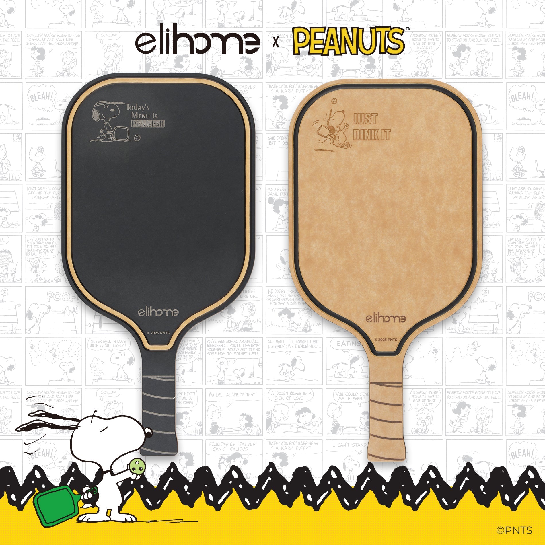 Wooden pickleball paddle with features highlighted and dimensions displayed.