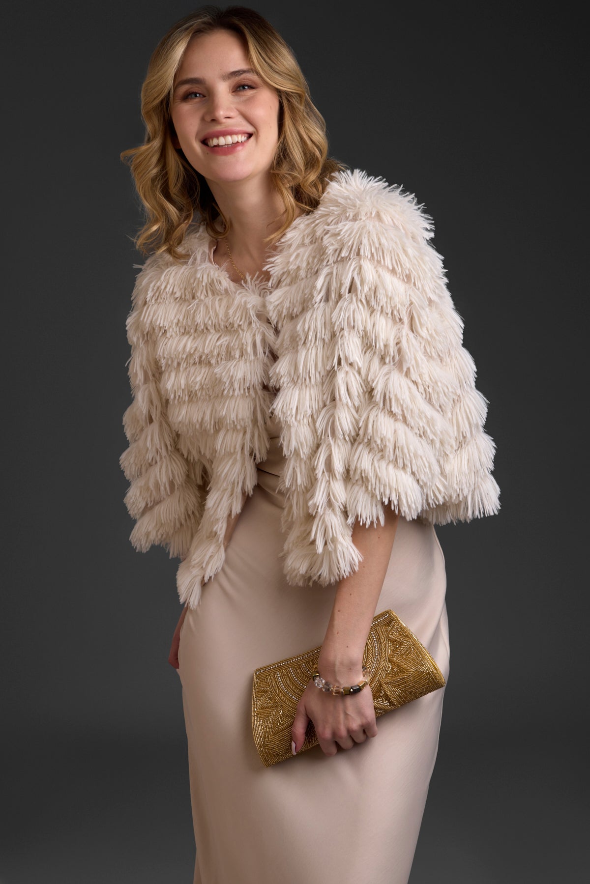 Faux Fur Tasseled Capelet - White